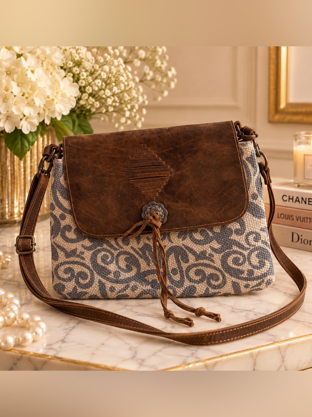 Myra Leather-Trim Brown Patterned Crossbody Bag